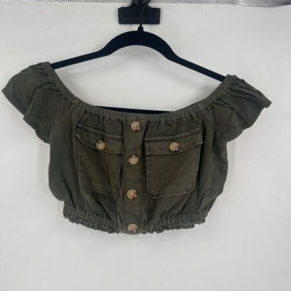Aeropostale Buttoned Off-The-Shoulder Crop Top Military Style Olive Green XS - Picture 2 of 11